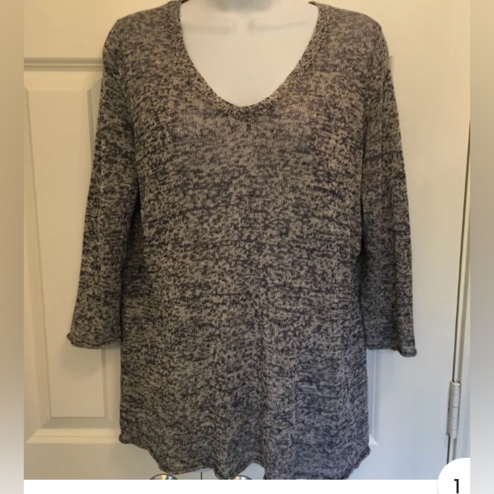Talbots blue heather linen and silk sweater. Size small petite. Vneck, 3/4 arms.